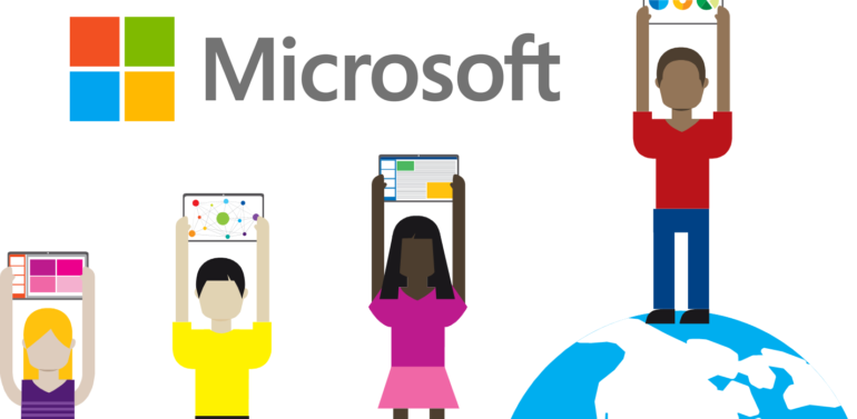 Animated Characters holding up Tablets showing Microsoft Software